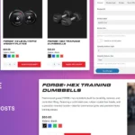 Forge+ Hex Training Dumbbells with black handles and metal plates showcased on a retail product page for home workouts.